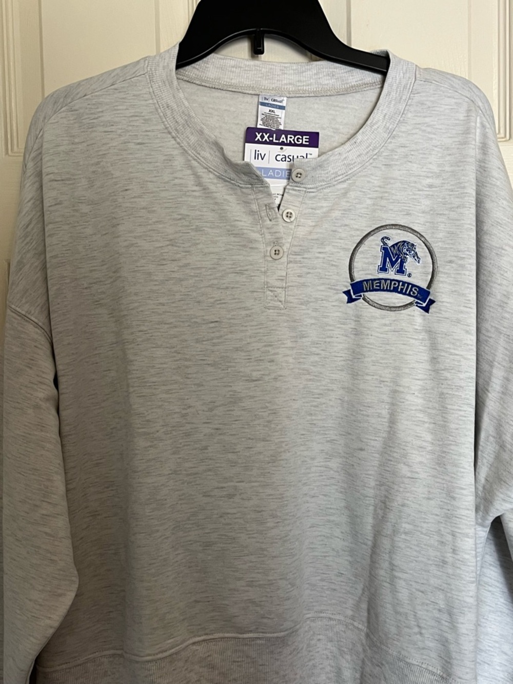 Memphis Crewneck Henley Pullover - Light Heather Gray with Blue Logo women’s